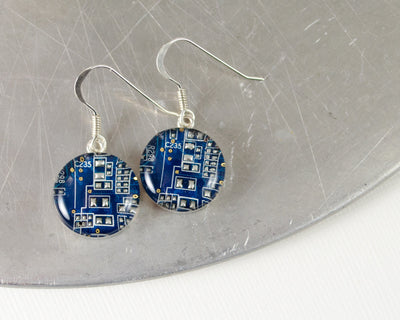 Circuit Board Earrings, Blue Sterling Silver Jewelry, Blue Dangle Earrings, Software Engineer, Women in Computing, Wearable Technology