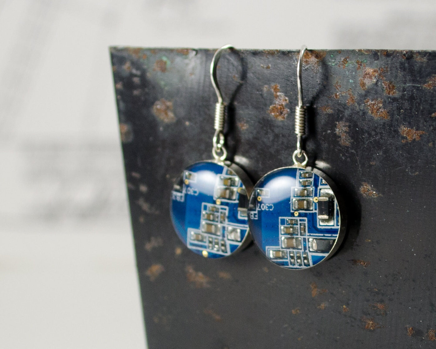 Circuit Board Earrings, Blue Sterling Silver Jewelry, Blue Dangle Earrings, Software Engineer, Women in Computing, Wearable Technology