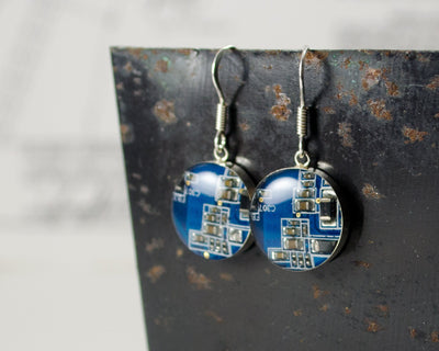 Circuit Board Earrings, Blue Sterling Silver Jewelry, Blue Dangle Earrings, Software Engineer, Women in Computing, Wearable Technology