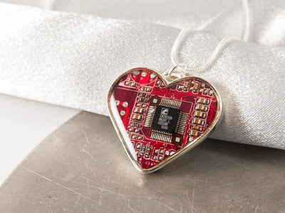 Circuit Board Heart Necklace Red, Recycled Geeky Jewelry, Love Necklace, Geeky Heart Jewelry, Engineer Gift for Her, Anniversary Necklace