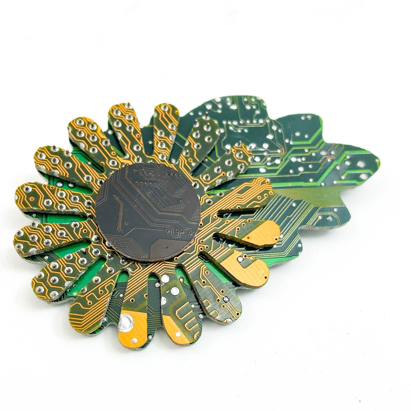 daisy brooch handmade from yellow green and brown recycled circuit boards