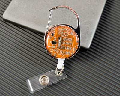 Orange Circuit Board Retractable Badge Holder, Badge Reel, Geeky Office Gift, Wearable Technology, Geek Engineer Gift, Motherboard Gift