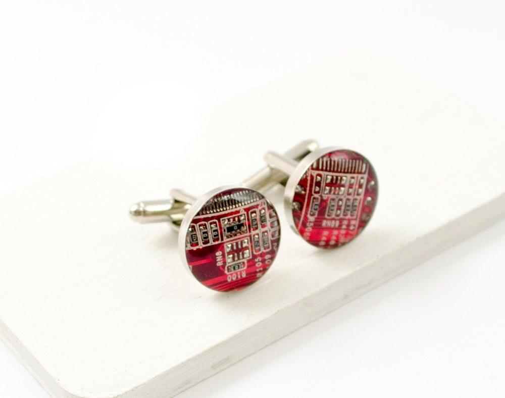 Circuit Board Cuff Links Red, Circuit Board Jewelry, Wearable Technology, Industrial Chic, Geeky Groomsmen Gifts, Techie Gift for Engineer