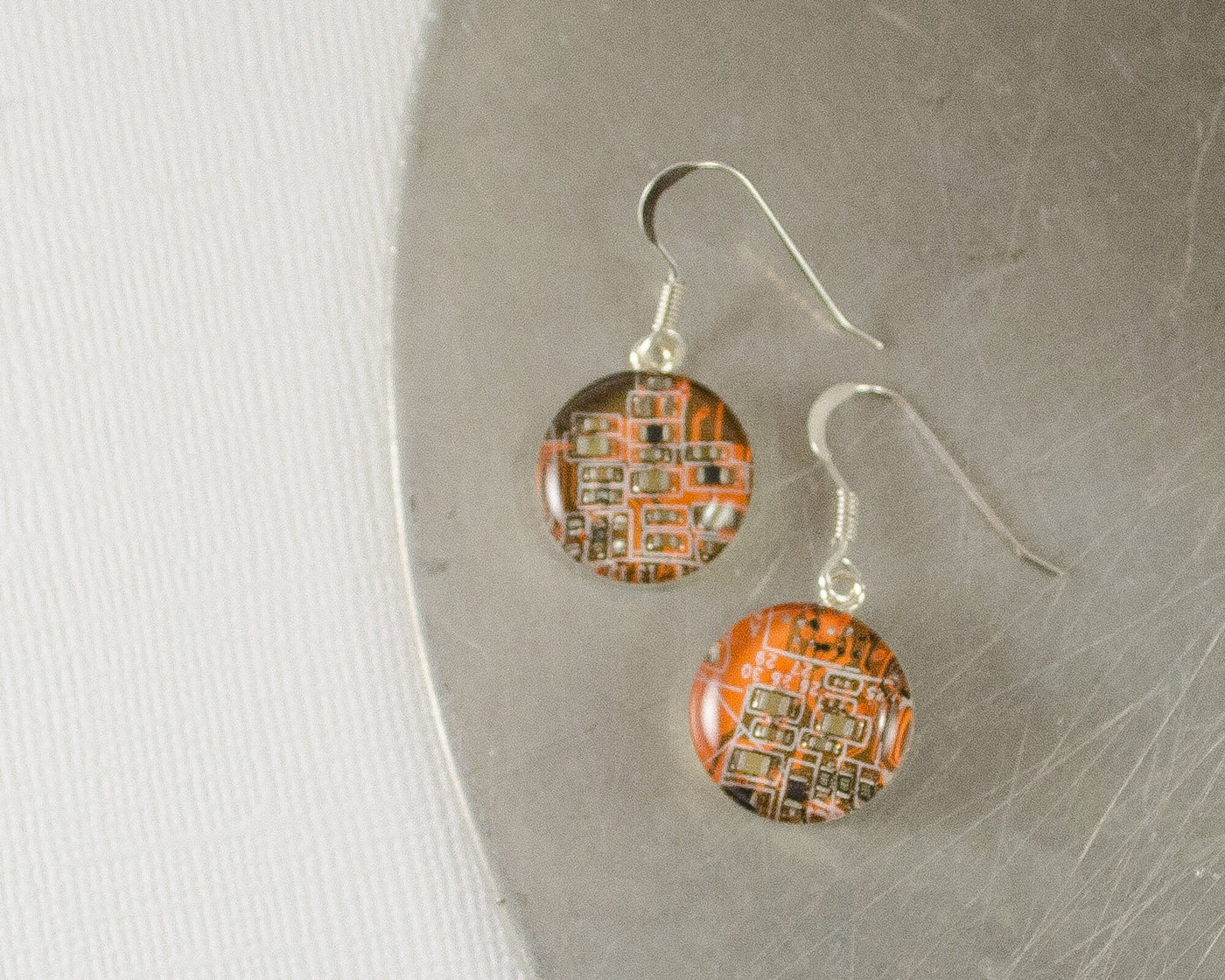 Circuit Board Earrings, Orange Sterling Silver Jewelry, Orange Dangle Earrings, Silver Earrings, Software Engineer, Women in Computing, Geek