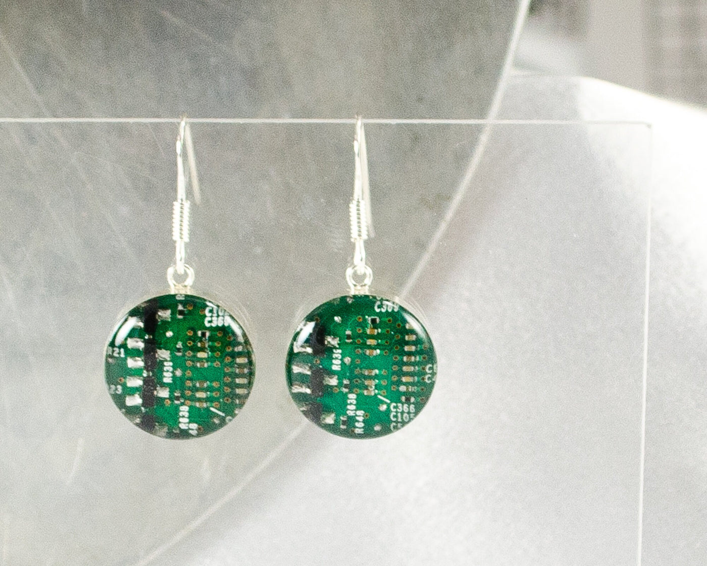 Circuit Board Earrings, Green Sterling Silver Jewelry, Green Dangle Earrings, Industrial Chic, Women in Computing, Wearable Technology