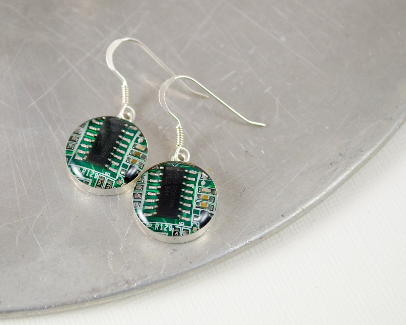 Circuit Board Earrings, Green Sterling Silver Jewelry, Green Dangle Earrings, Industrial Chic, Women in Computing, Wearable Technology