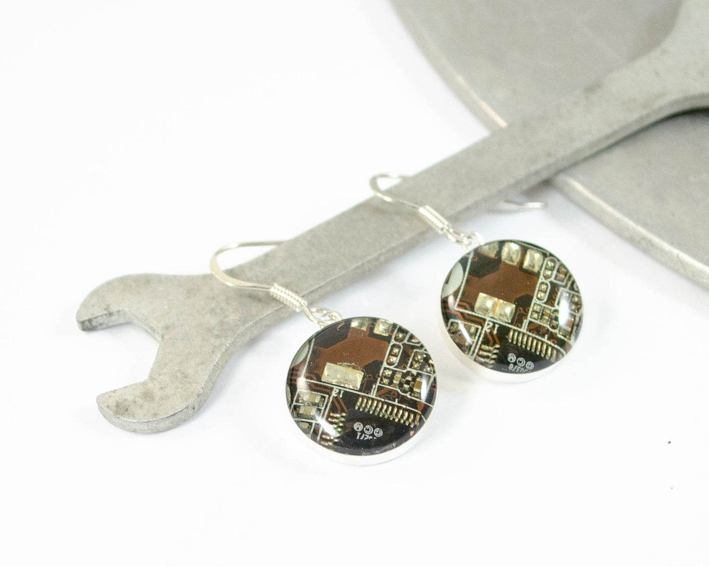 Brown Circuit Board Earrings, Sterling Silver Jewelry, Brown Dangle Earrings, Silver Earrings, Computer Earrings, Wearable Technology Techie