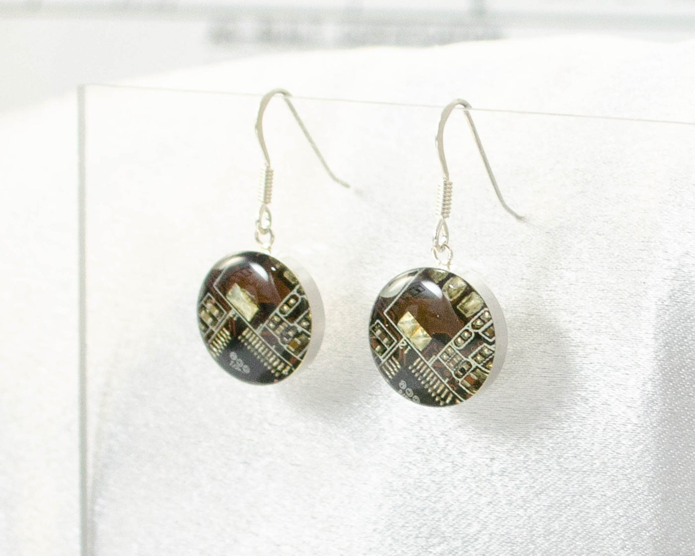 Brown Circuit Board Earrings, Sterling Silver Jewelry, Brown Dangle Earrings, Silver Earrings, Computer Earrings, Wearable Technology Techie