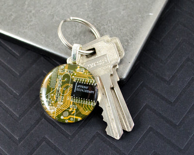 Circuit Board Keychain Yellow, Computer Keyring, Fathers Day Gift for Dad, Mens Geeky Gift, Wearable Technology, Techie Computer, Geekery