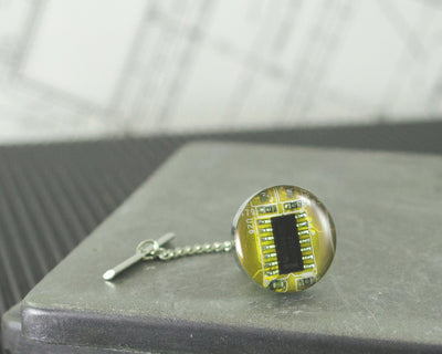 Circuit Board Tie Tack, Yellow Tie Pin, Motherboard Lapel Pin, Computer Engineer Gift, Electrical Engineering, Geek Jewelry, Recycled Pin