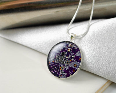 Circuit Board Necklace Purple, Violet Engineer Gift, Recycled Computer Jewelry, Scientist Necklace, Wearable Technology, Geeky Gift for Her
