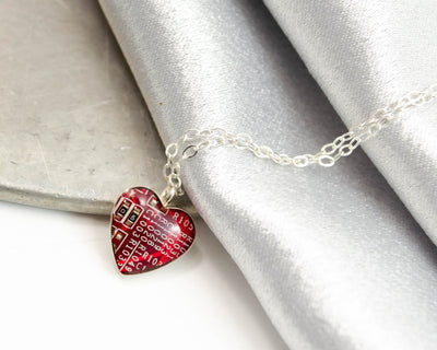 Tiny Red Heart Circuit Board Necklace, Sterling Silver Necklace