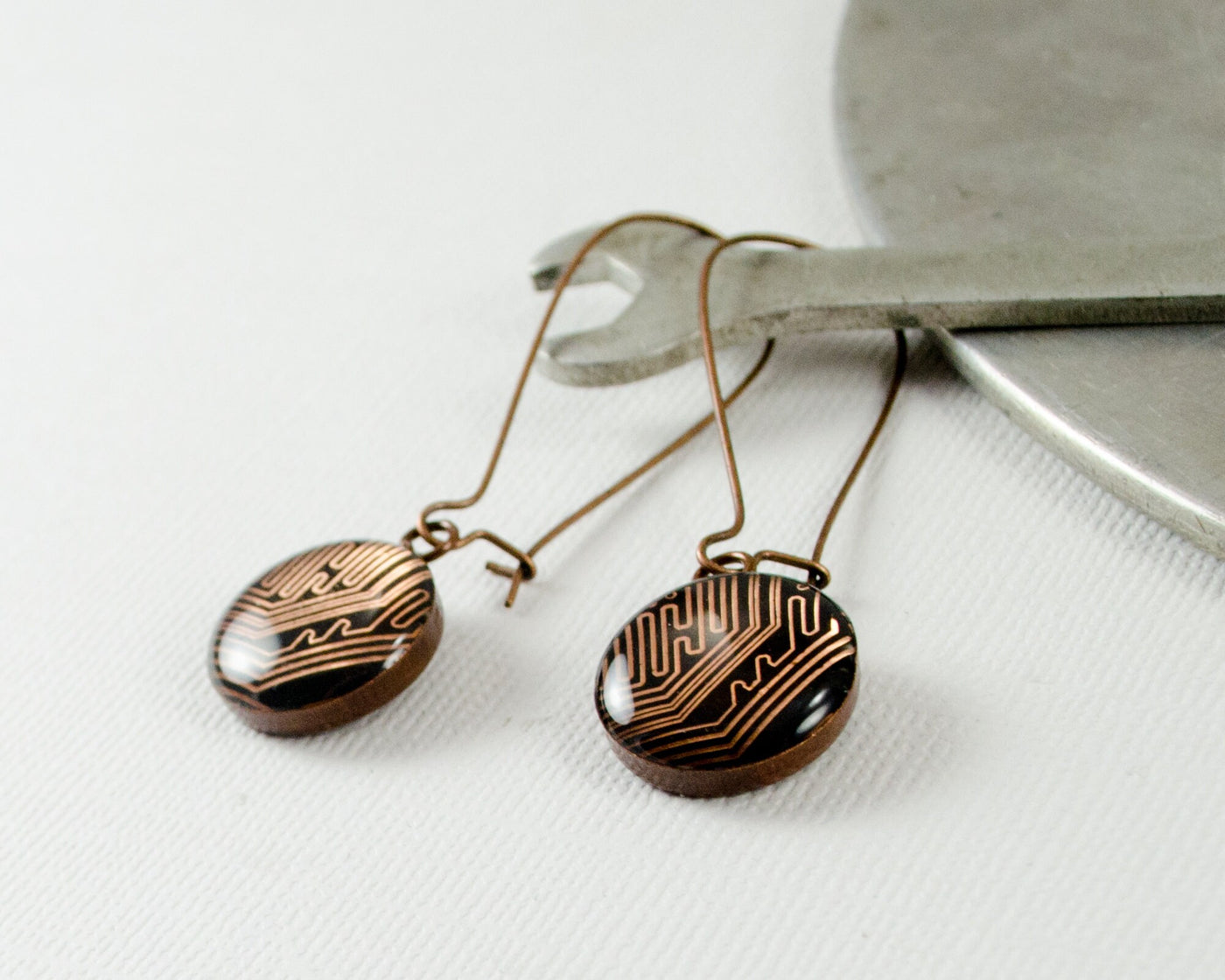 Copper Recycled Circuit Board Earrings, Dangle Earrings Nerdy Engineer Jewelry Gifts for Scientists Science Gift Wearable Technology