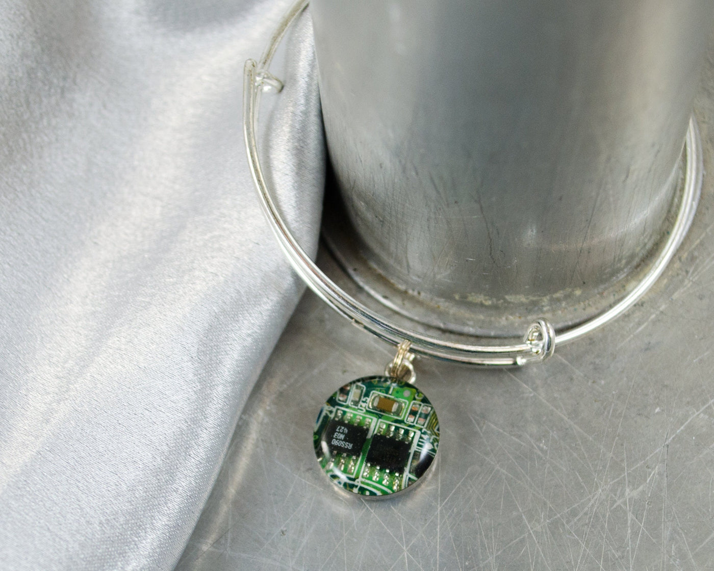 Green Recycled Circuit Board Expandable Bracelet, Electrical Engineer Jewelry, Unique Gift for Software Engineer, Geek Chic Jewelry