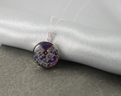 Violet Circuit Board Necklace, Sterling Silver Necklace, Royal Blue Jewelry, Wearable Technology, Computer Engineer, Science Necklace, Nerdy