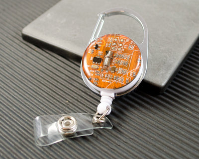 Orange Circuit Board Retractable Badge Holder, Badge Reel, Geeky Office Gift, Wearable Technology, Geek Engineer Gift, Motherboard Gift