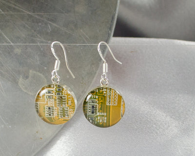 Circuit Board Earrings, Yellow Sterling Silver Jewelry, Yellow Dangle Earrings, Industrial Chic, Techie Jewelry, Wearable Technology