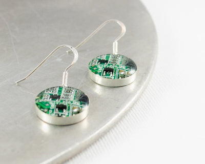 Circuit Board Earrings, Green Sterling Silver Jewelry, Green Dangle Earrings, Industrial Chic, Women in Computing, Wearable Technology