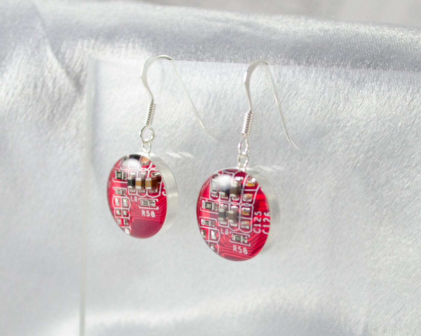 Circuit Board Earrings, Red Sterling Silver Jewelry, Red Dangle Earrings, Silver Earrings, Computer Engineer Gift, Women in Computing, Geek