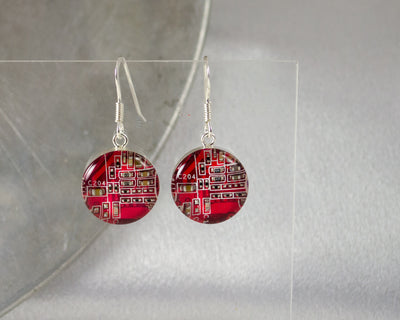 Circuit Board Earrings, Red Sterling Silver Jewelry, Red Dangle Earrings, Silver Earrings, Computer Engineer Gift, Women in Computing, Geek