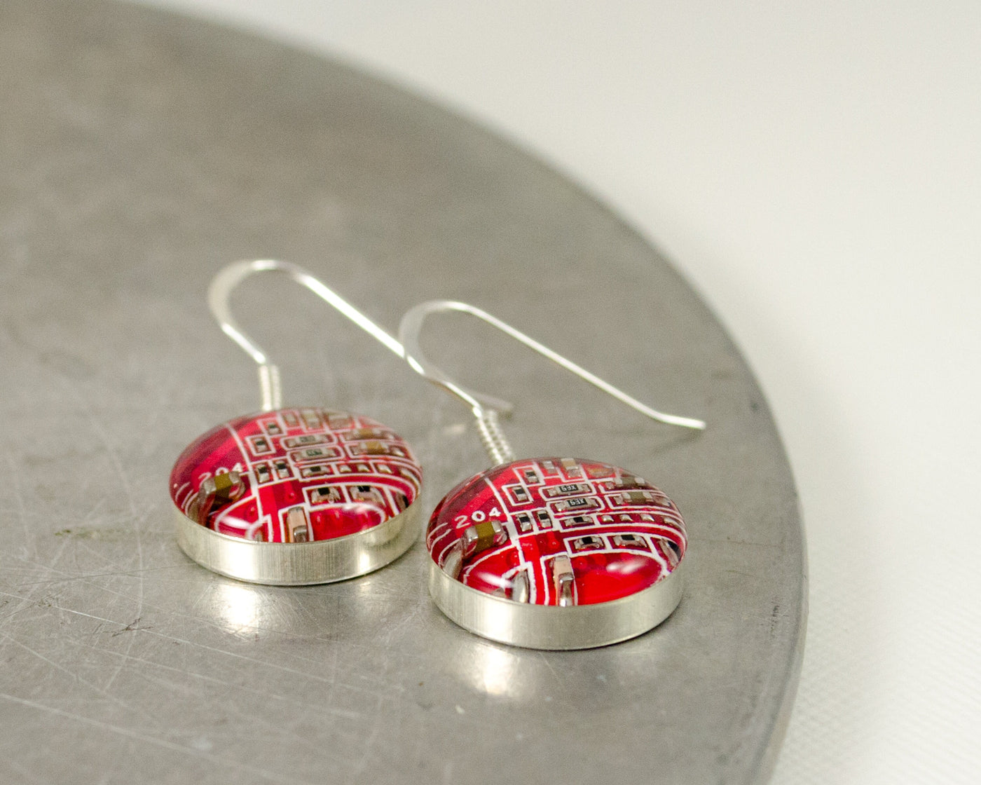 Circuit Board Earrings, Red Sterling Silver Jewelry, Red Dangle Earrings, Silver Earrings, Computer Engineer Gift, Women in Computing, Geek