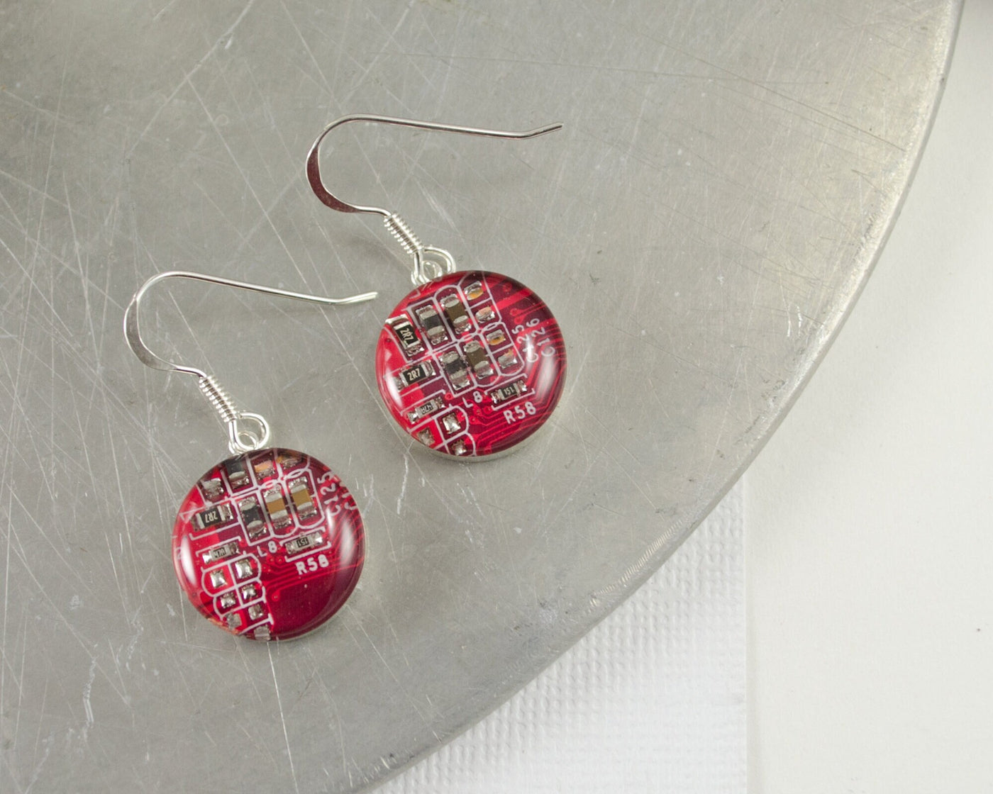 Circuit Board Earrings, Red Sterling Silver Jewelry, Red Dangle Earrings, Silver Earrings, Computer Engineer Gift, Women in Computing, Geek