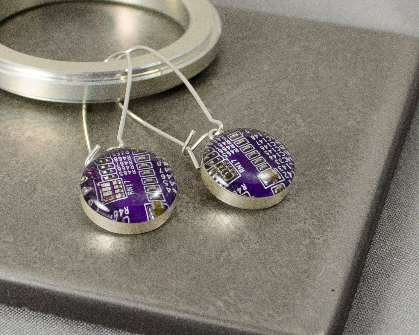 Circuit Board Earrings Purple, Wearable Technology, Engineer Gift, Sterling Silver Dangle Earrings, Nerdy Earrings, Software Engineer