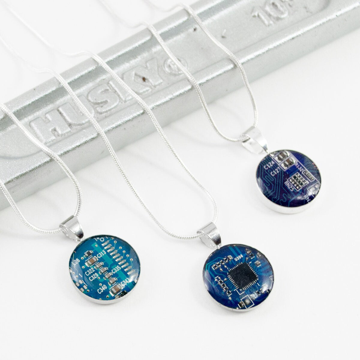 Blue Recycled Circuit Board Necklace, Small Size, Computer Engineer Jewelry, Electrical Engineer Gift