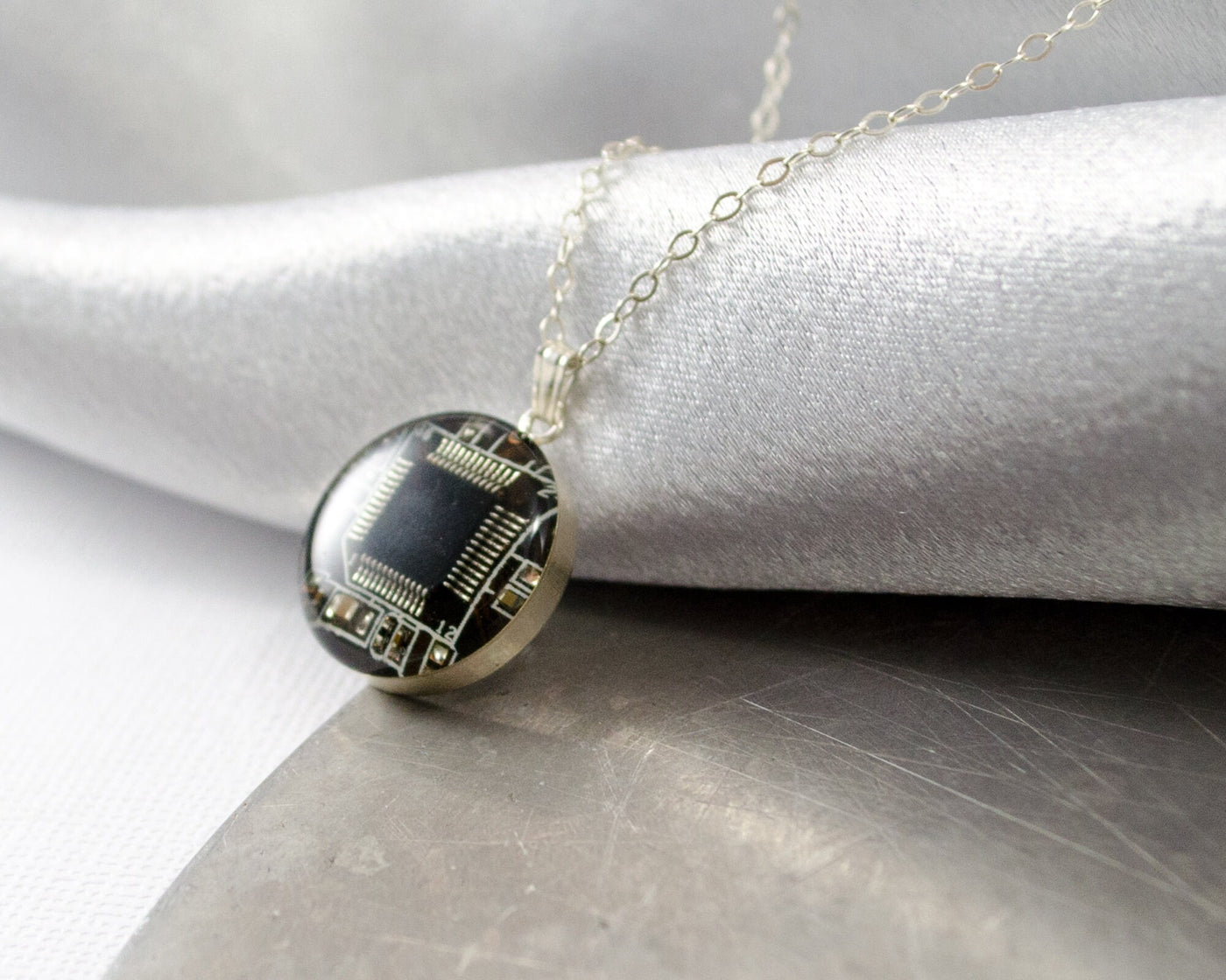 Dark Brown Circuit Board Necklace, Sterling Silver Necklace, Royal Blue Jewelry, Wearable Technology, Computer Engineer, Science Necklace