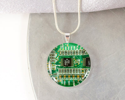 Circuit Board Necklace Green, Recycled Computer Circuit Board Jewelry, Geeky Necklace, Wearable Technology, Engineer Gift for Her, Geekery