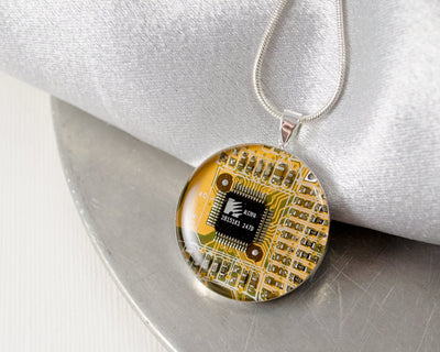 Circuit Board Necklace Yellow, Recycled Computer Jewelry, Geeky Necklace, Wearable Technology, Software Engineer Gift, Techie Jewelry, Nerdy