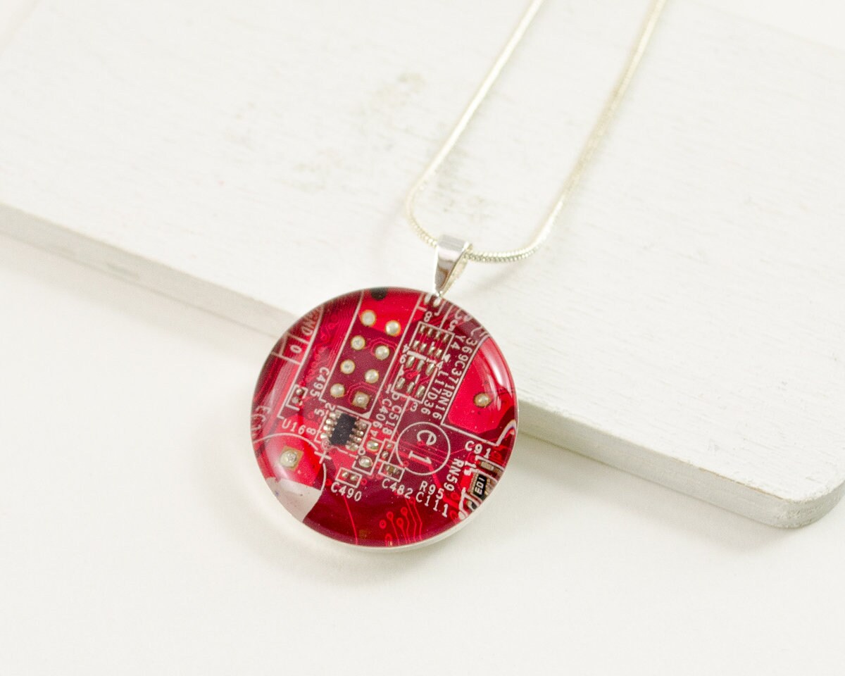 Circuit Board Necklace Red, Upcycled Computer Jewelry, Motherboard Necklace, Geeky Gift for Her Under 30, Wearable Technology, Engineer GIft