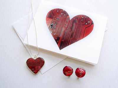red circuit board heart necklace with heart card