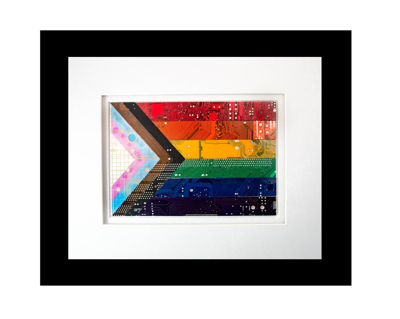 inclusive pride flag made from recycled circuit boards and framed