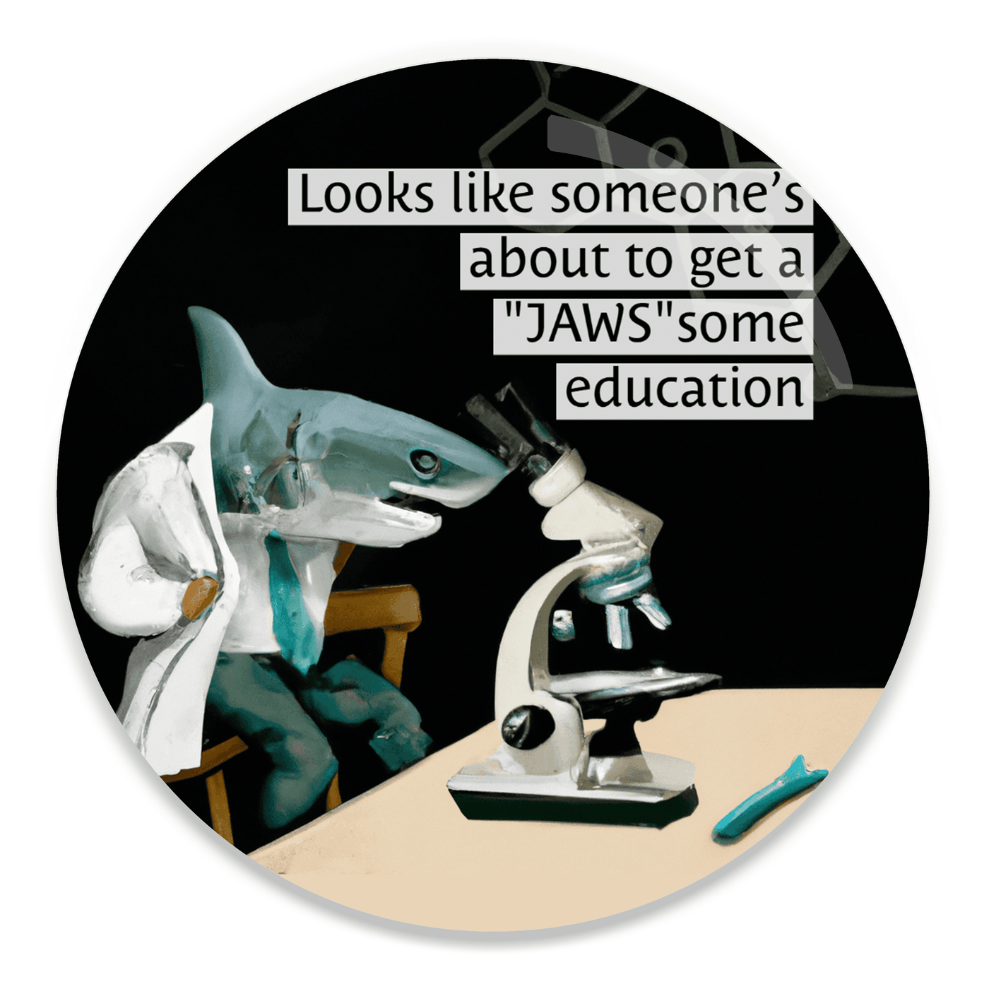 2.25 inch round colorful magnet with image of a shark in a lab coat