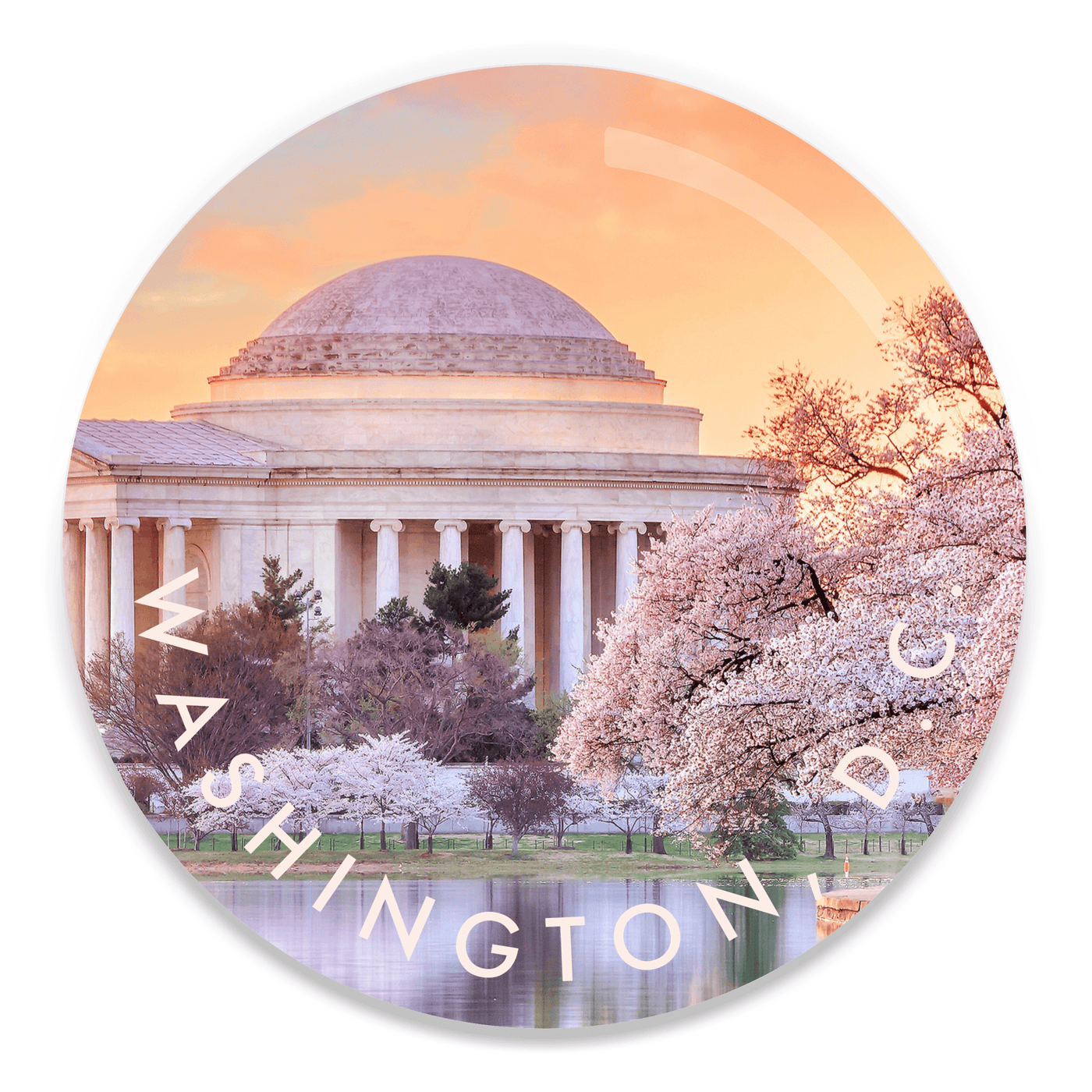 2.25 inch round colorful magnet with image of the Jefferson memorial
