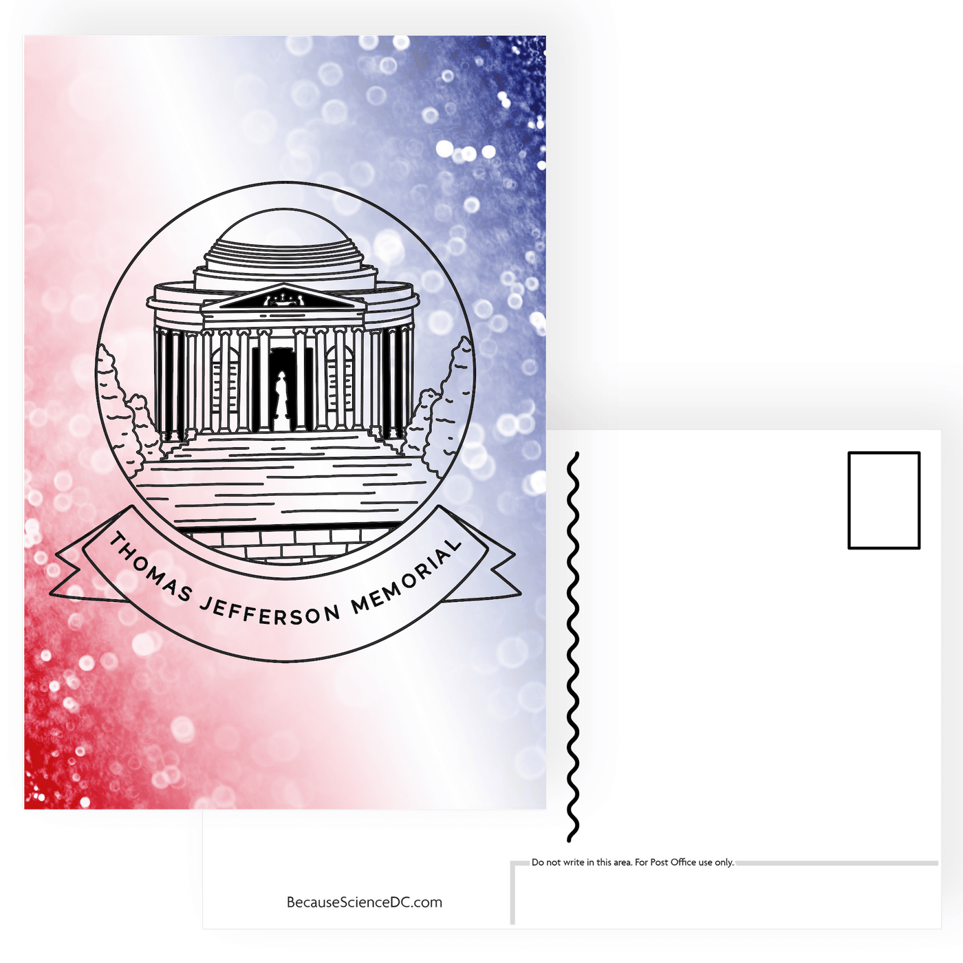 postcard of an illustration of the jefferson memorial on a background of red white and blue