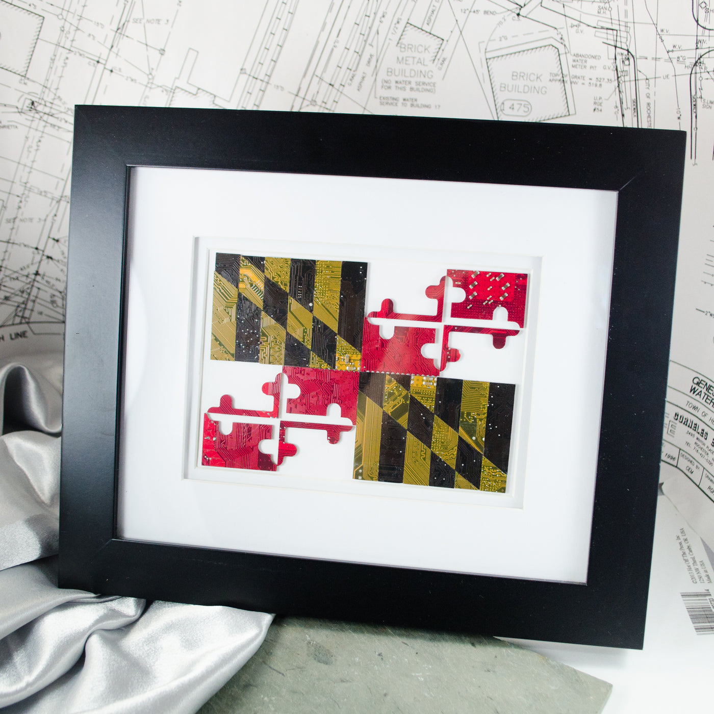 handcrafted maryland flag made from upcycled computer circuit boards