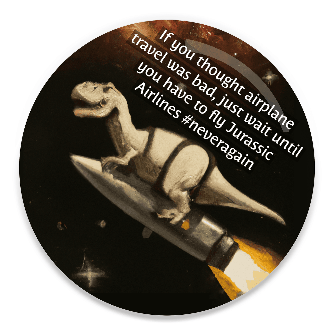 2.25 inch round colorful magnet with image of a dinosaur riding a rocket