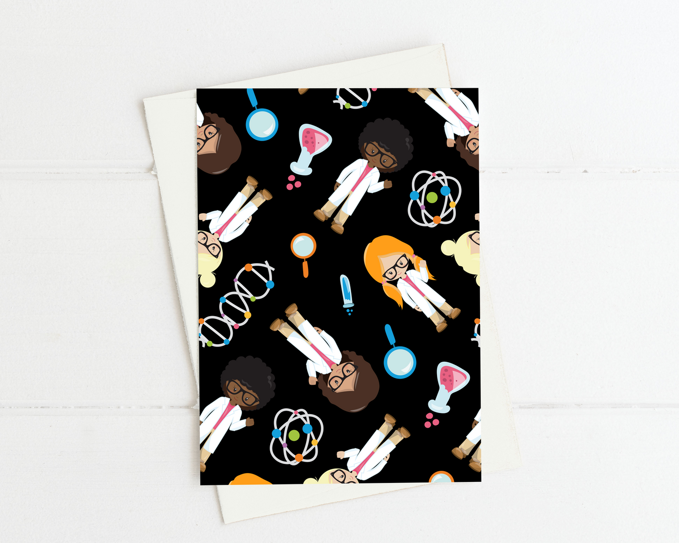 girls in stem card with a repeating pattern of girls in lab coats with chemistry equipment