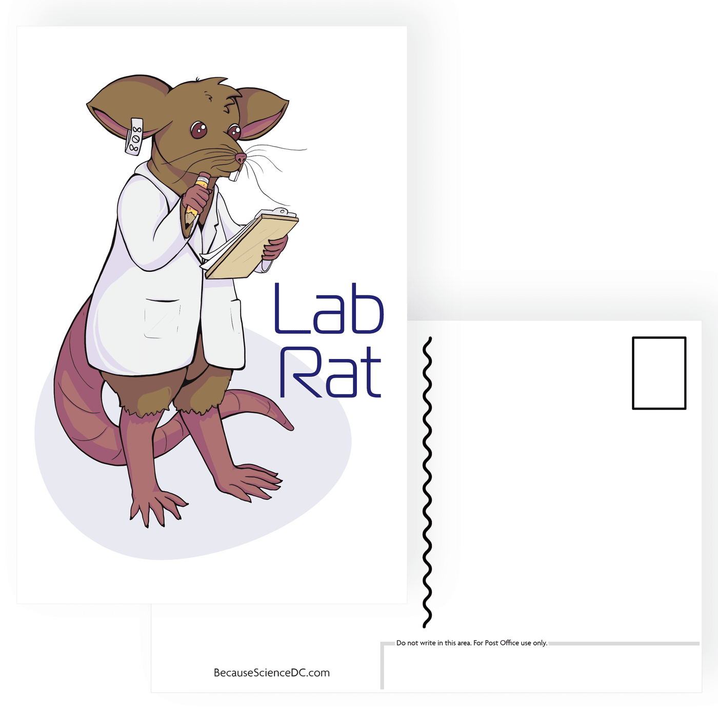 postcard with an illustration of a rat wearing a lab coat and text that says lab rat
