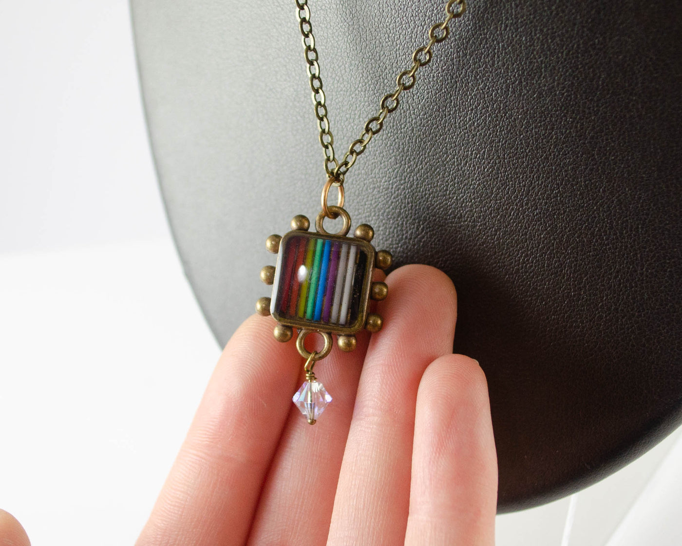 rainbow necklace made from upcycled ribbon cable for pride