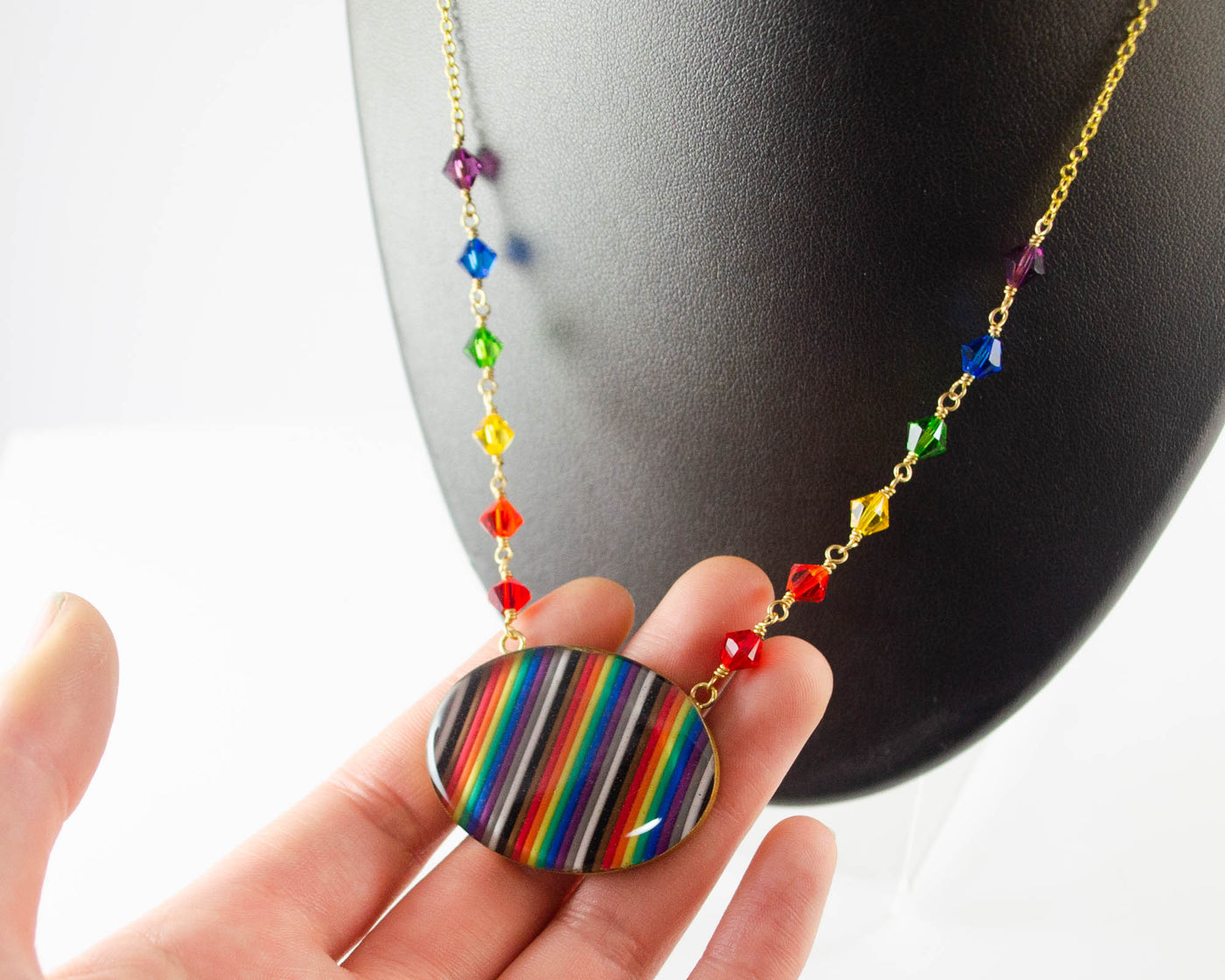 Rainbow Necklace with Rainbow Beaded Chain - Brass