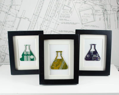 handmade miniature art piece made from recycled circuit board in the shape of an Erlenmeyer flask