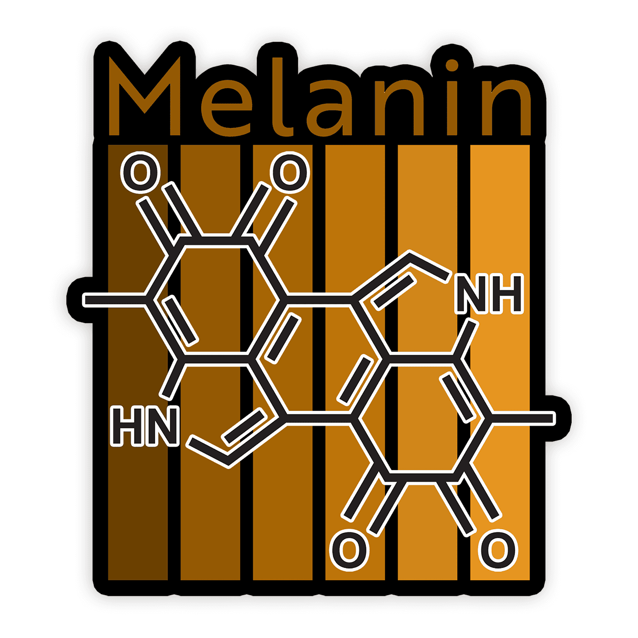 Image of a vinyl sticker that is 3 inch on its longest side with different shade of melanin and the molecular structure of melanin
