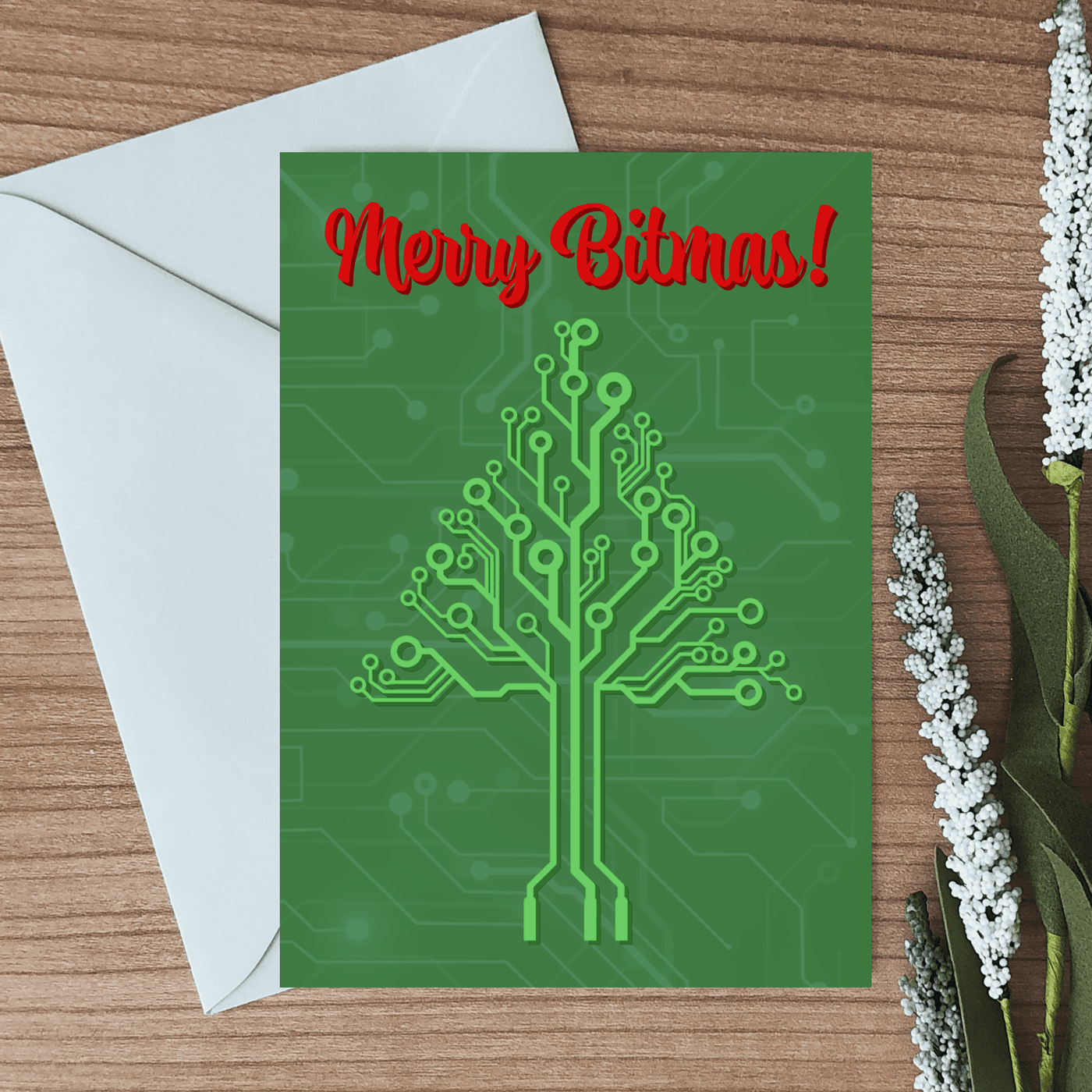blank inside greeting card with a picture of a holiday tree made from circuitry
