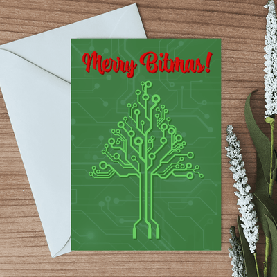 blank inside greeting card with a picture of a holiday tree made from circuitry