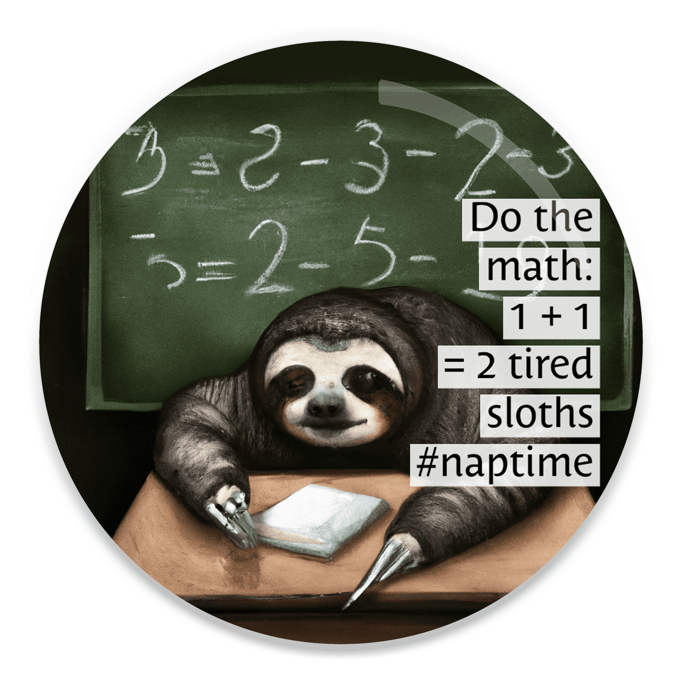 2.25 inch round colorful magnet with image of a sloth doing math