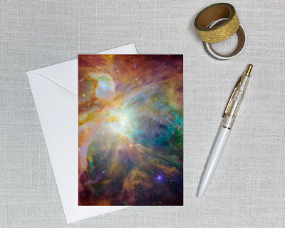 this blank greeting card has a nasa telescope image of the orion nebula