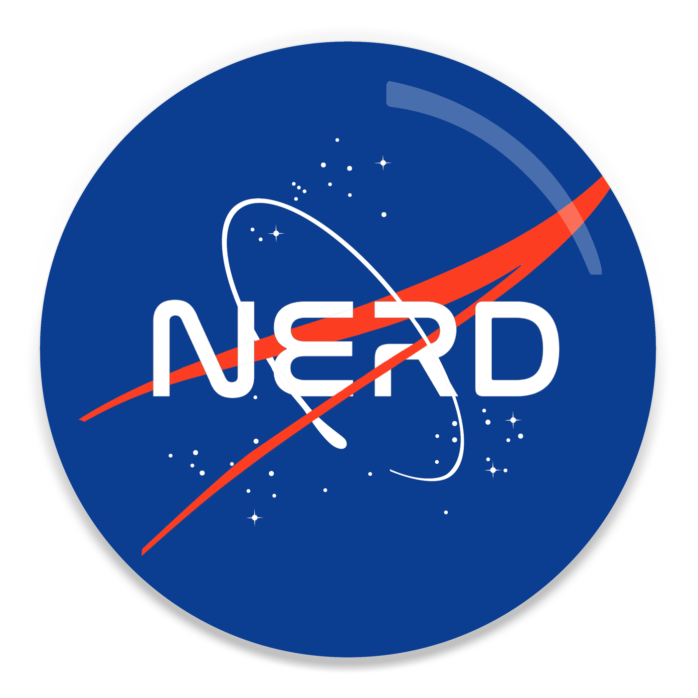 2.25 inch round colorful magnet with image of the word nerd written as the nasa logo